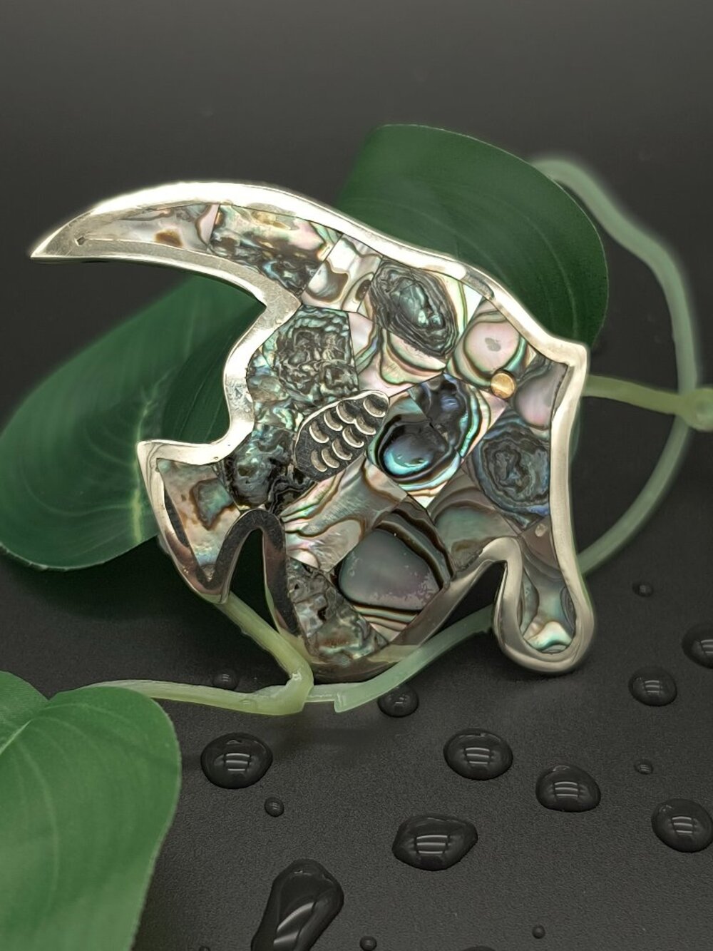 Vintage Alpaca Silver Angel Fish W/ Colorful Inlaid Abalone Shell Brooch
